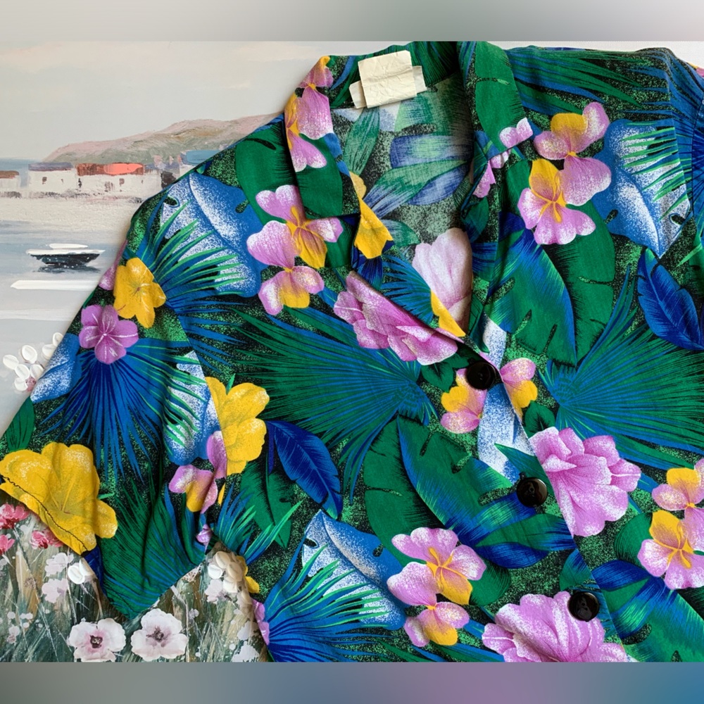 Vintage Hawaiian Print Short Sleeve Blouse New Horizons